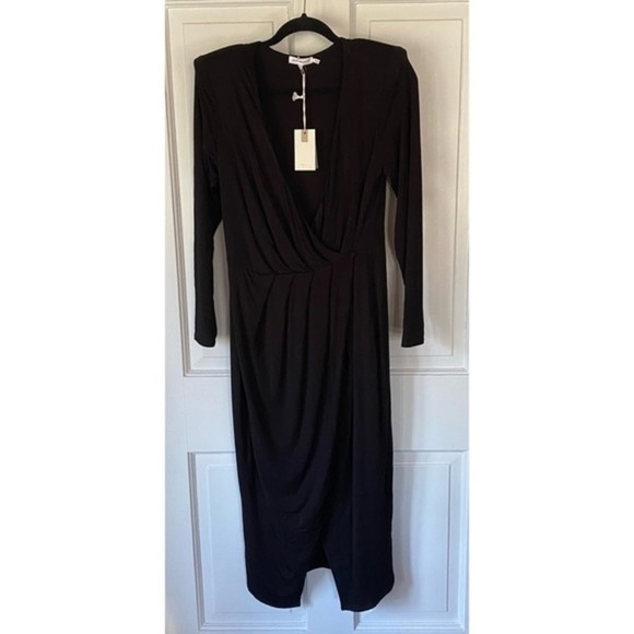 Good American Strong Shoulder Black Long Sleeve Wrap Dress Size 2 - Medium NWT - Picture 4 of 8